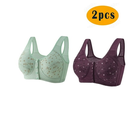 GERsome Women s PACK of 2 Front-Close Bra Underwire Underwear Comfort T-shirt Bra Convenient Snap Sleep Bra for Women Plus Size Full Coverage Bra 2pcs#Green/Dark Purple XXL