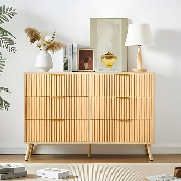 Bedroom Dresser,6 Double Dressers with Wavy Drawers,Wooden Chest of Drawers for Children's Room,Living Room,Entrance and Hallway,Natural,47.2''x15.8''x 31.7''
