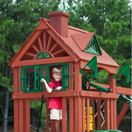 Gorilla Playsets Nantucket II Wooden Swing Set with 2 Belt Swing, Trapeze Bar, and Working Shudders - Image 15
