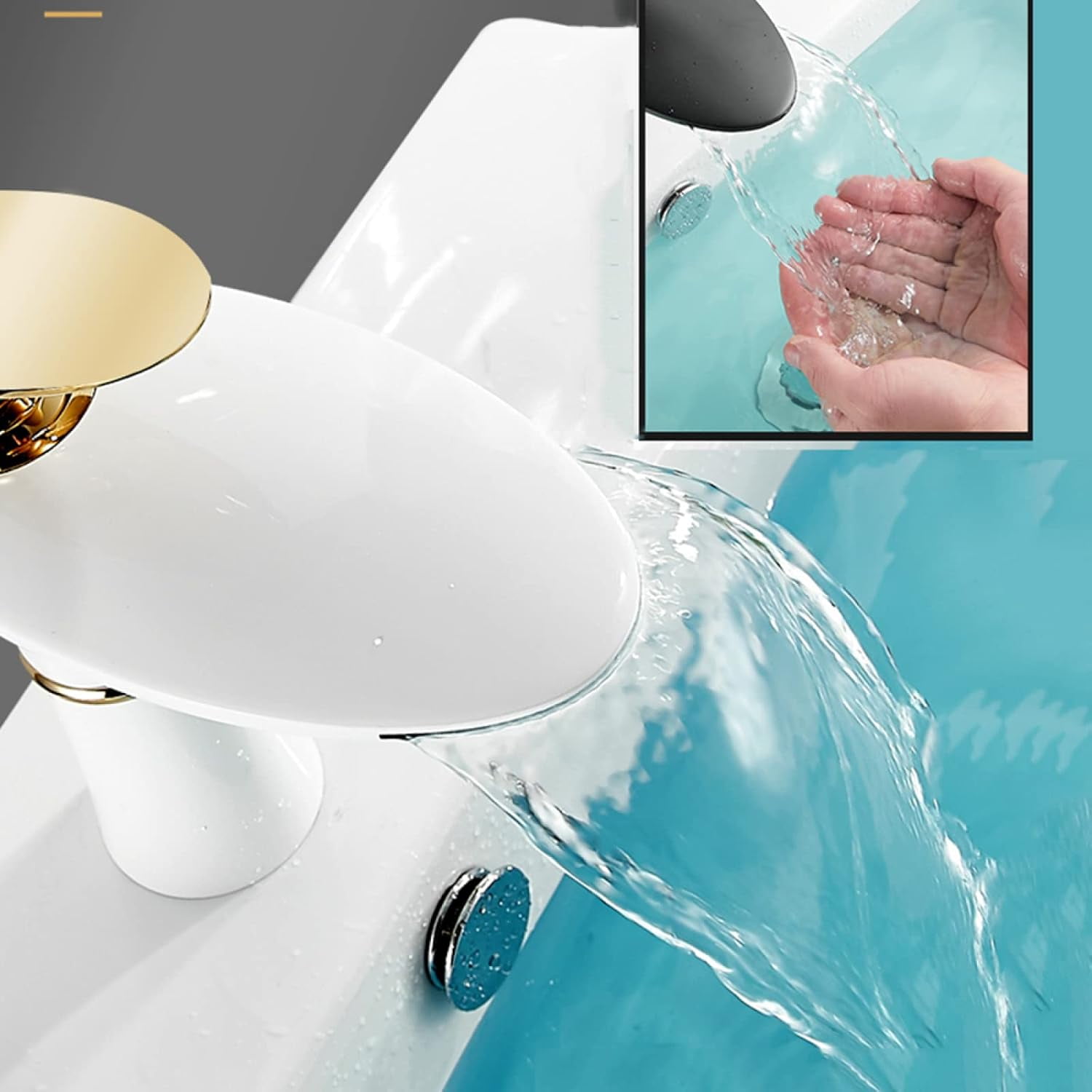 Basin Faucet Waterfall, Sink Faucet Hot and Cold Mix Tap, Brass Faucet Bathroom, Waterfall Single Handle Bathroom Sink Faucet, White Gold B, Short