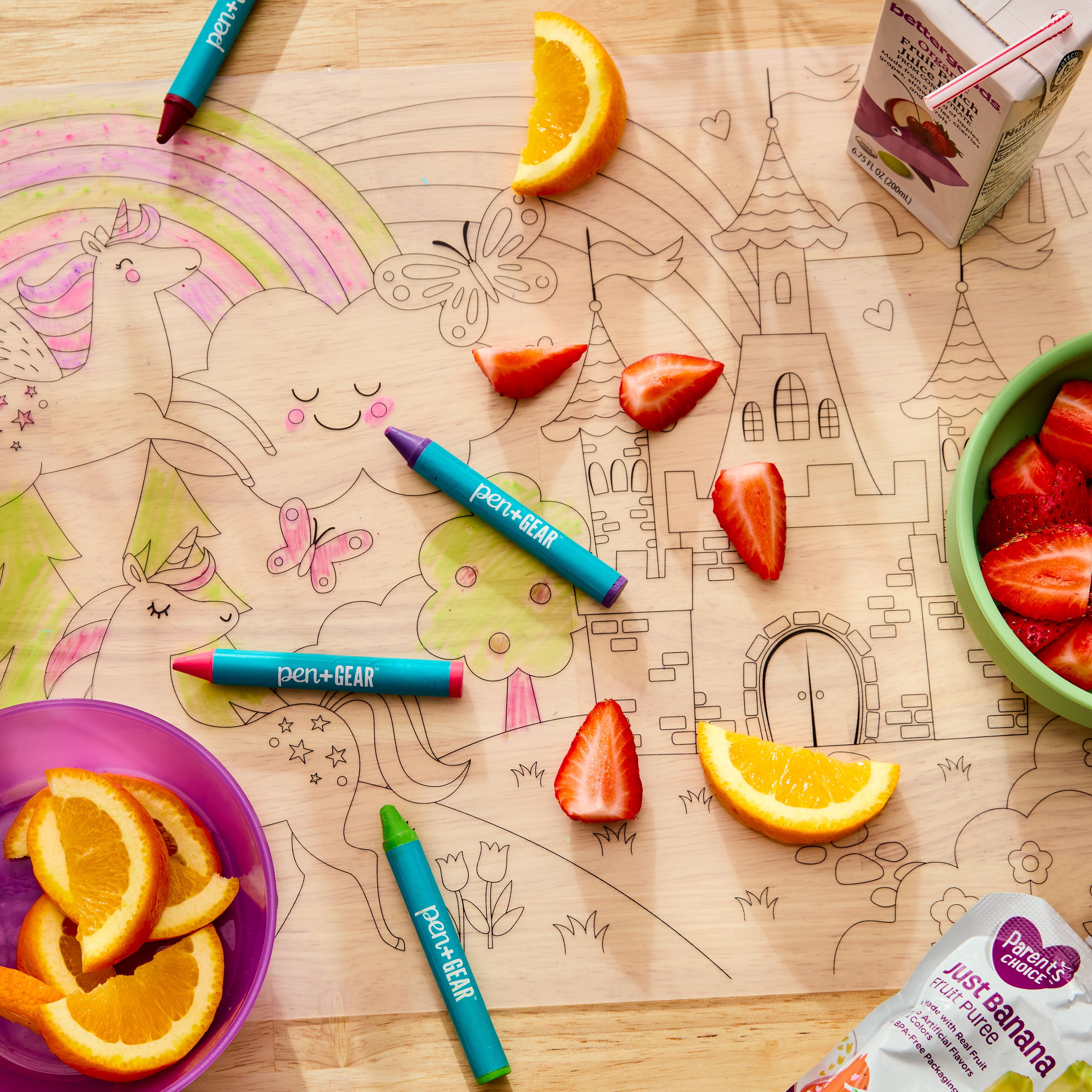 Pen+Gear Washable Fairytale Coloring Placemat Kit with 4 Crayons, Black and White