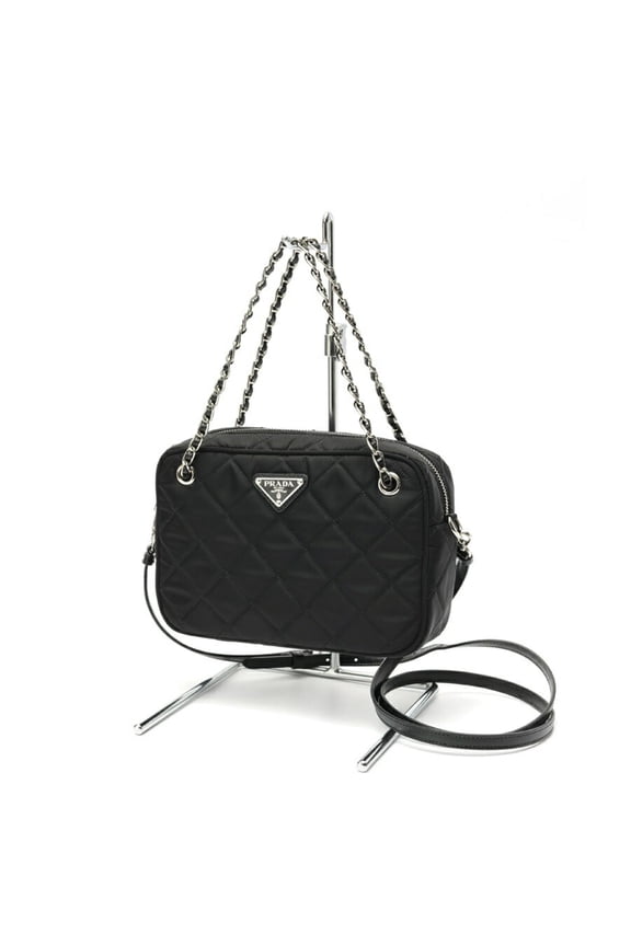 Pre-Owned Prada chain shoulder bag, model 1BH910, quilted nylon, black.