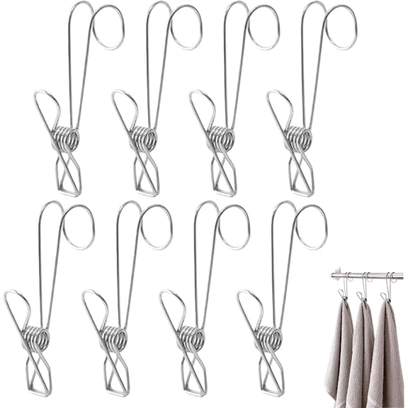 Stainless Steel Long Tail Clips with Hooks - 8PCS, Heavy Duty Metal Clamps, Universal Hanging Clips for Clothes, Home & Office Organization(8Pcs, B)