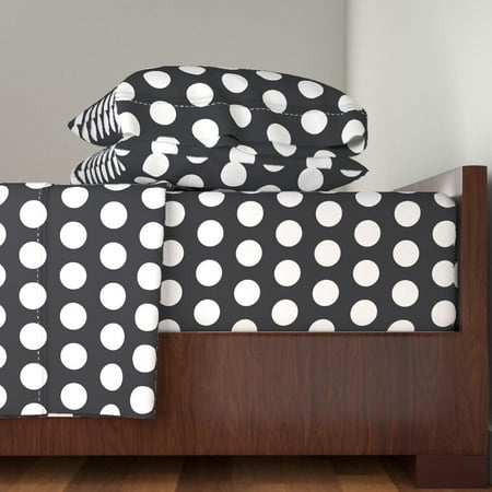 Dots Polka Dot White Black Retro Black 100% Cotton Sateen Sheet Set by Roostery