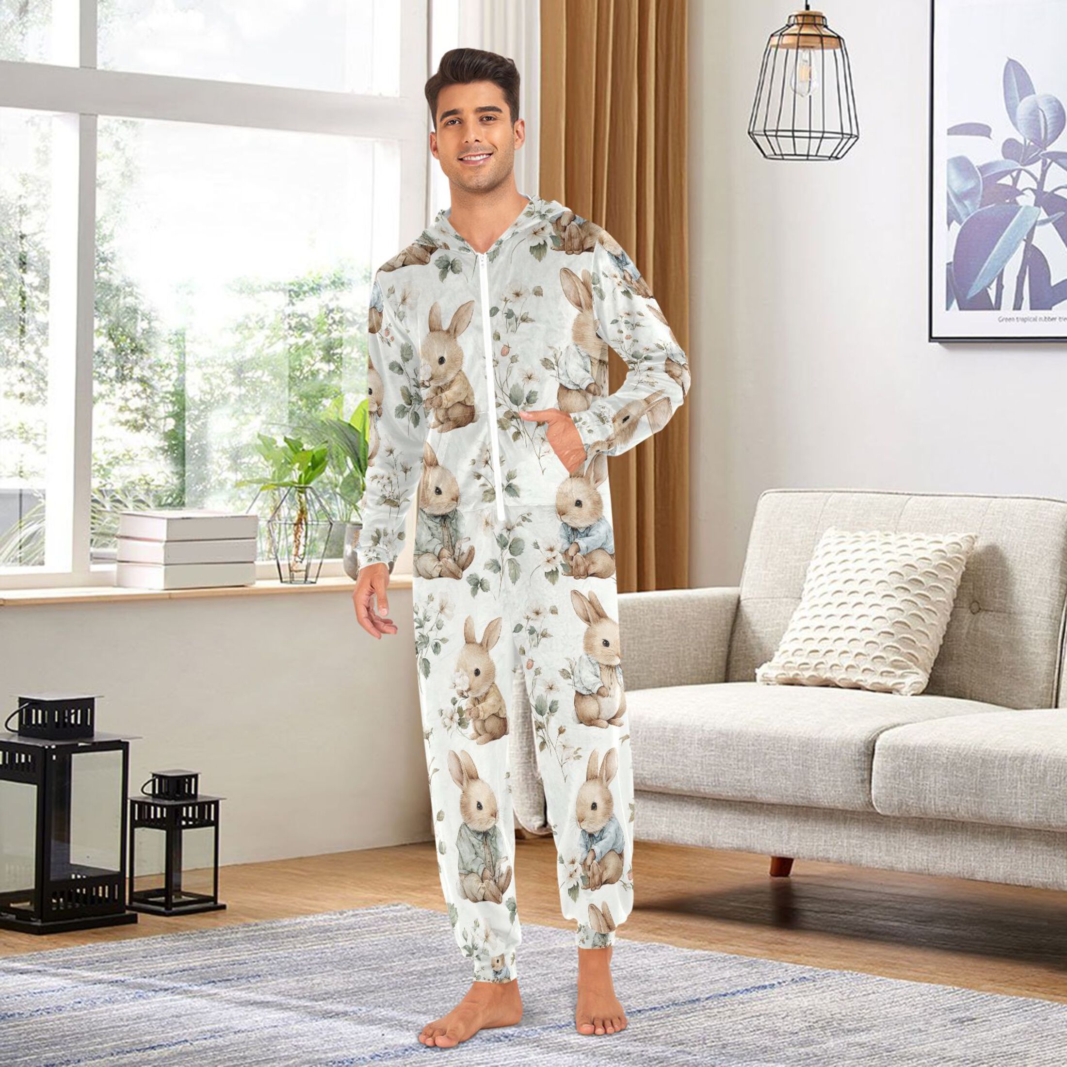 Adult Christmas Onesie Rabbit and Leaves Adult Zipper One-Piece Pajamas Unisex Pajamas with Pockets
