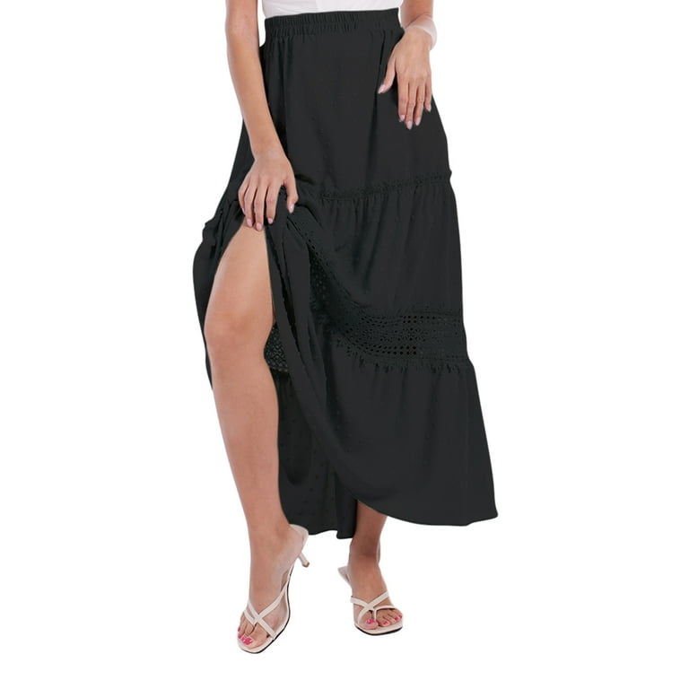 Baywell Boho Long Skirt for Women High Waist Swiss Dots Hollow