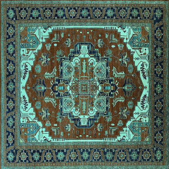 Ahgly Company Machine Washable Indoor Square Oriental Turquoise Blue Industrial Area Rugs, 6' Square