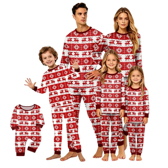 Onlypjs Family Christmas Pajamas Matching Sets, Red Reindeer Snowflake Print Long Sleeve Sleepwear, Holiday Lounge Sets for Couples, Women and Men