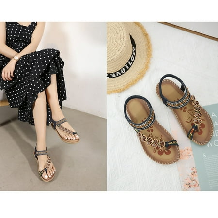 

CHGBMOK Womens Sandals Bohemian Flat Flower Rhinestone Sandals Outer Beach Sandals