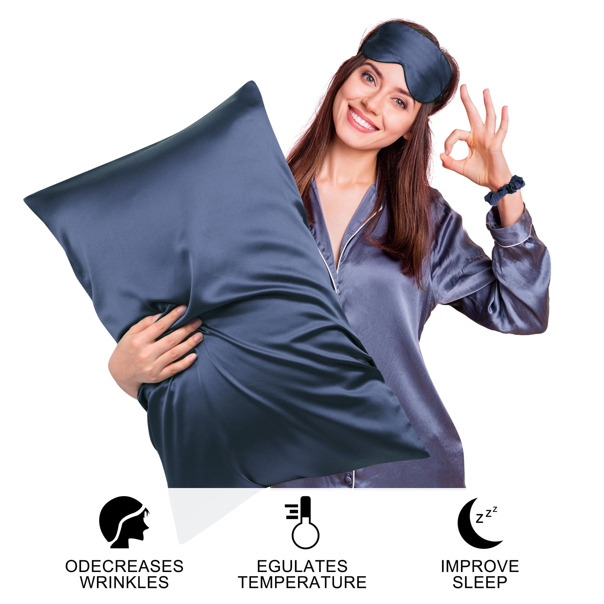 Unique Bargains Durable Soft Zippered Closure Set of 2 Satin Pillowcase Navy Blue Standard(20"x26")