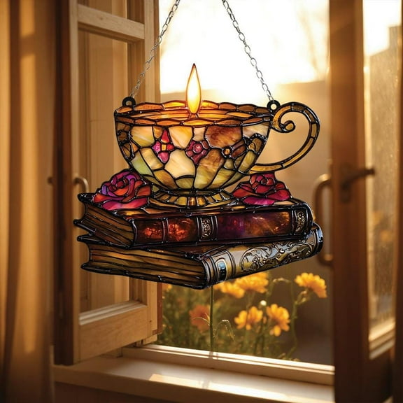 Illuminated Teacup with Roses & Books Suncatcher, Warm Glow Stained Glass Art, Perfect Readers Gift