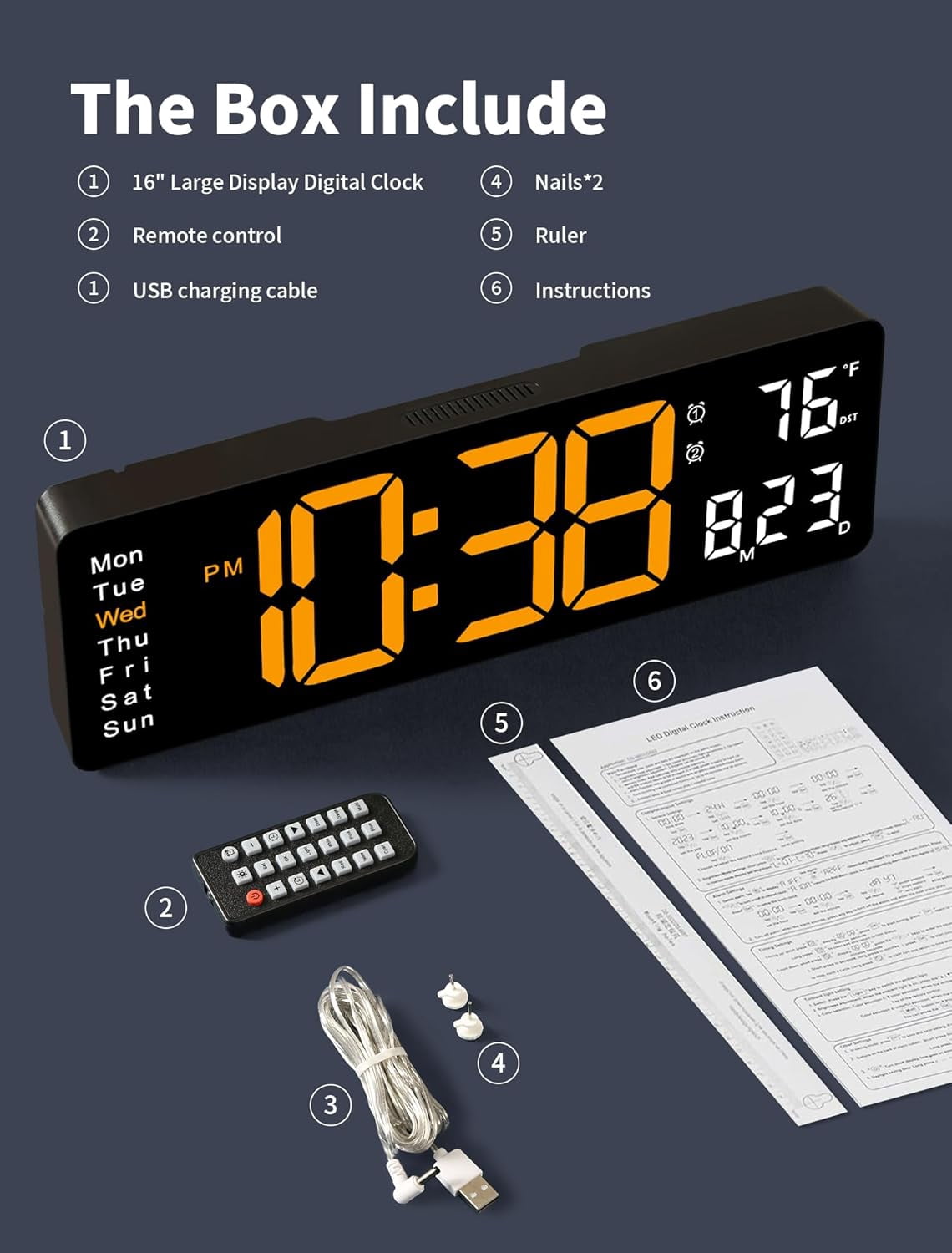 Large Digital Wall Clock with Remote Control, RGB Atmosphere Lights with 11 Scenes Mode, Dual Alarms with Big LED Display, Auto DST, Temperature for Classroom Gaming
