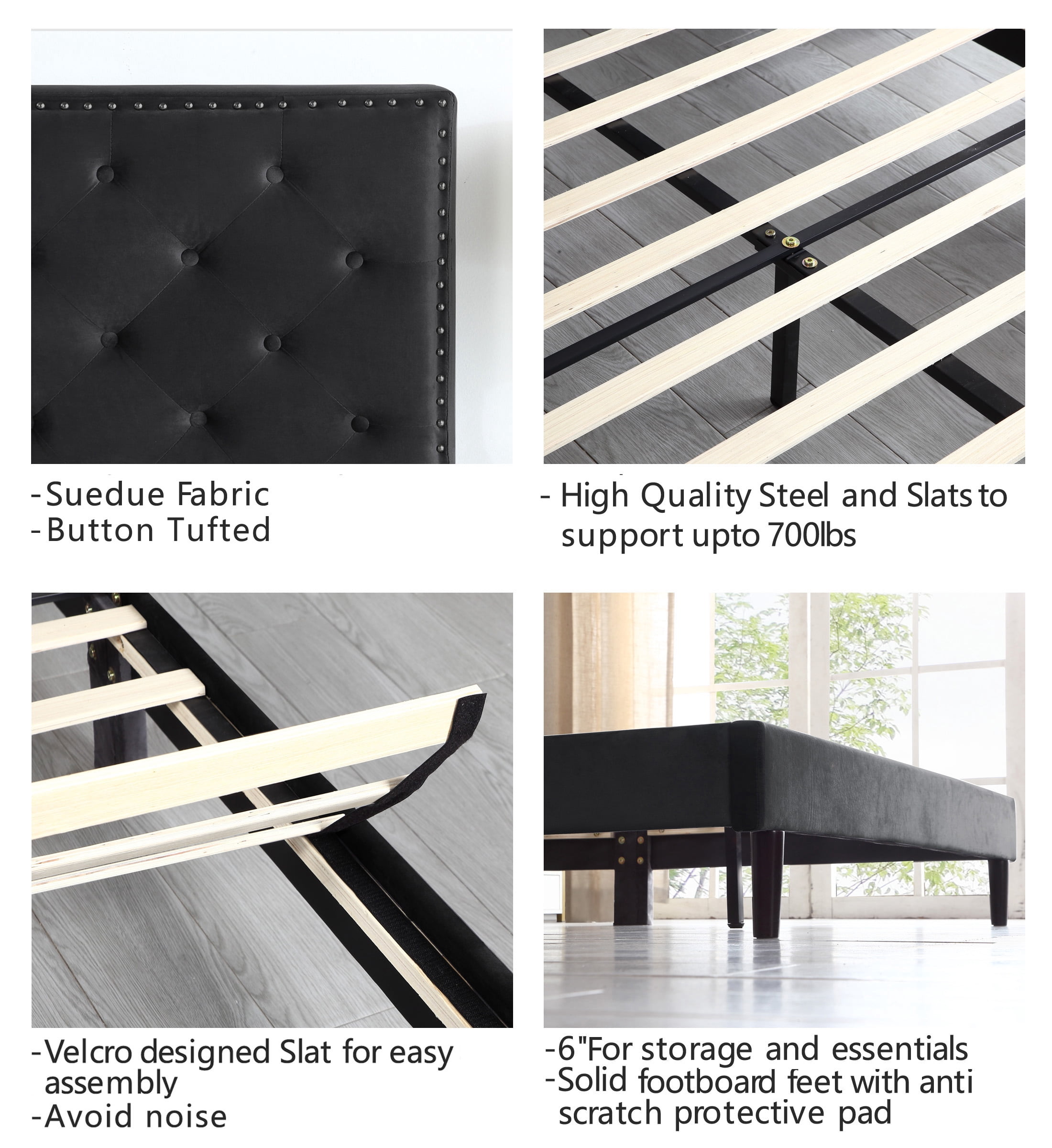 Queen Upholstered Platform Bed Frame with 48" Tall Adjustable Headboard - Button Tufted Suede Bed - Black - Oliver & Smith - Princeton