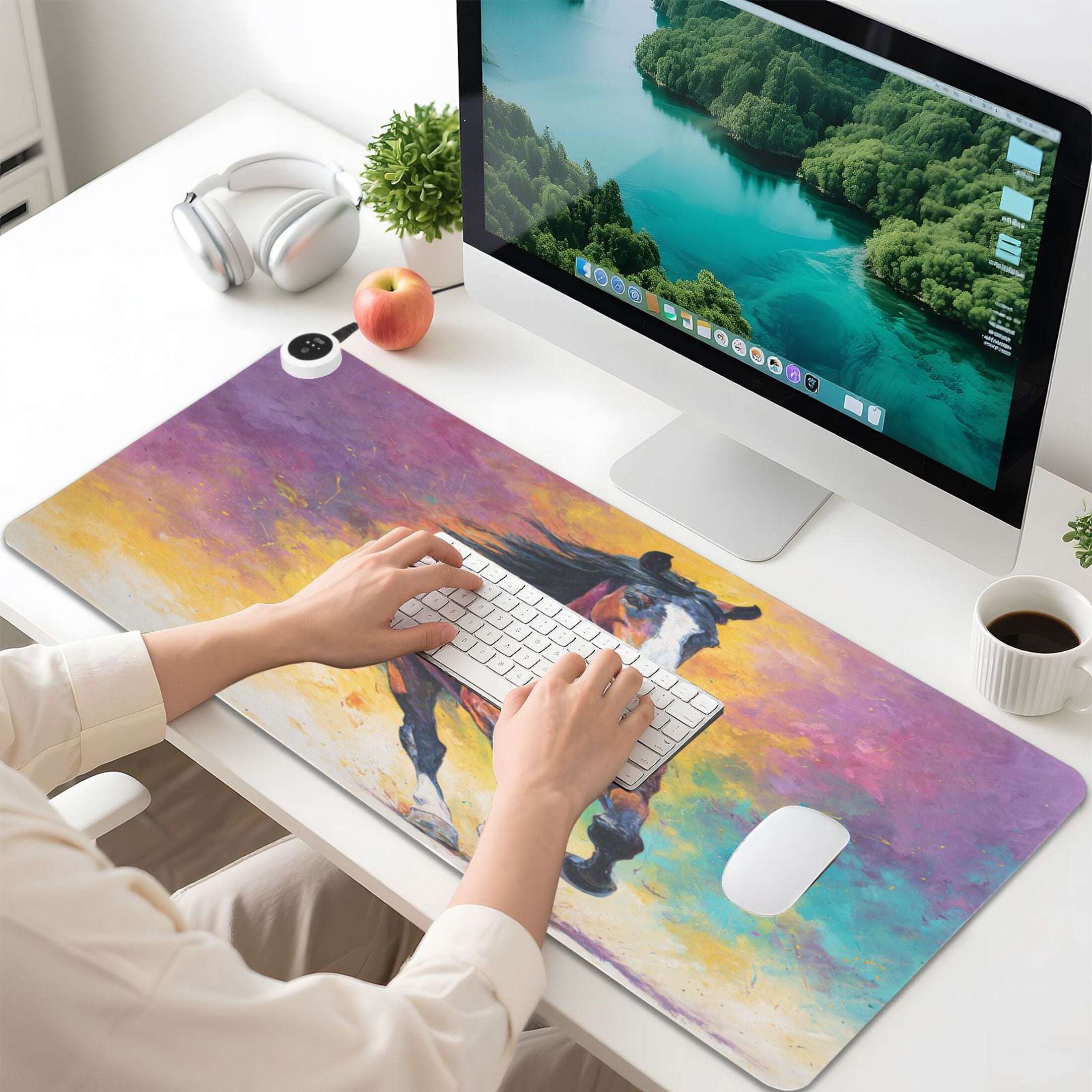 Large Heated Desk Mat Mouse Pad 31.5"x13"PU Leather Graphene Heating Desk Warmer with 3 Temperature Settings 110V US Plug Non-Slip Warm Pad for Home, Office, and Gaming Dynamic Equestrian Art Design