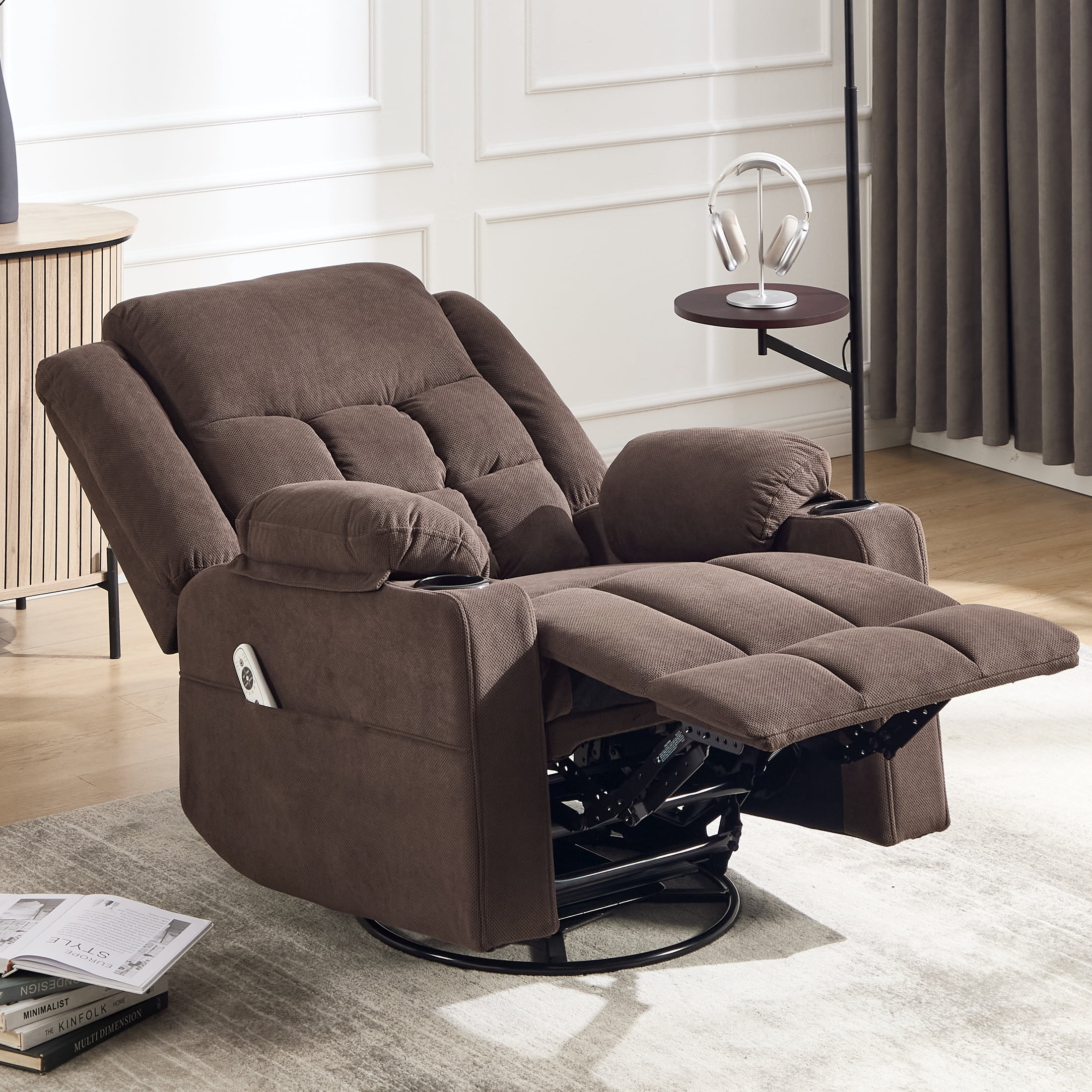 Swivel Rocker Recliner Chair for Adults with Massage and Heat, Cup Holders and Side Pockets, Glider Rocking Reclining Single Sofa Chair for Living Room (Cocoa)