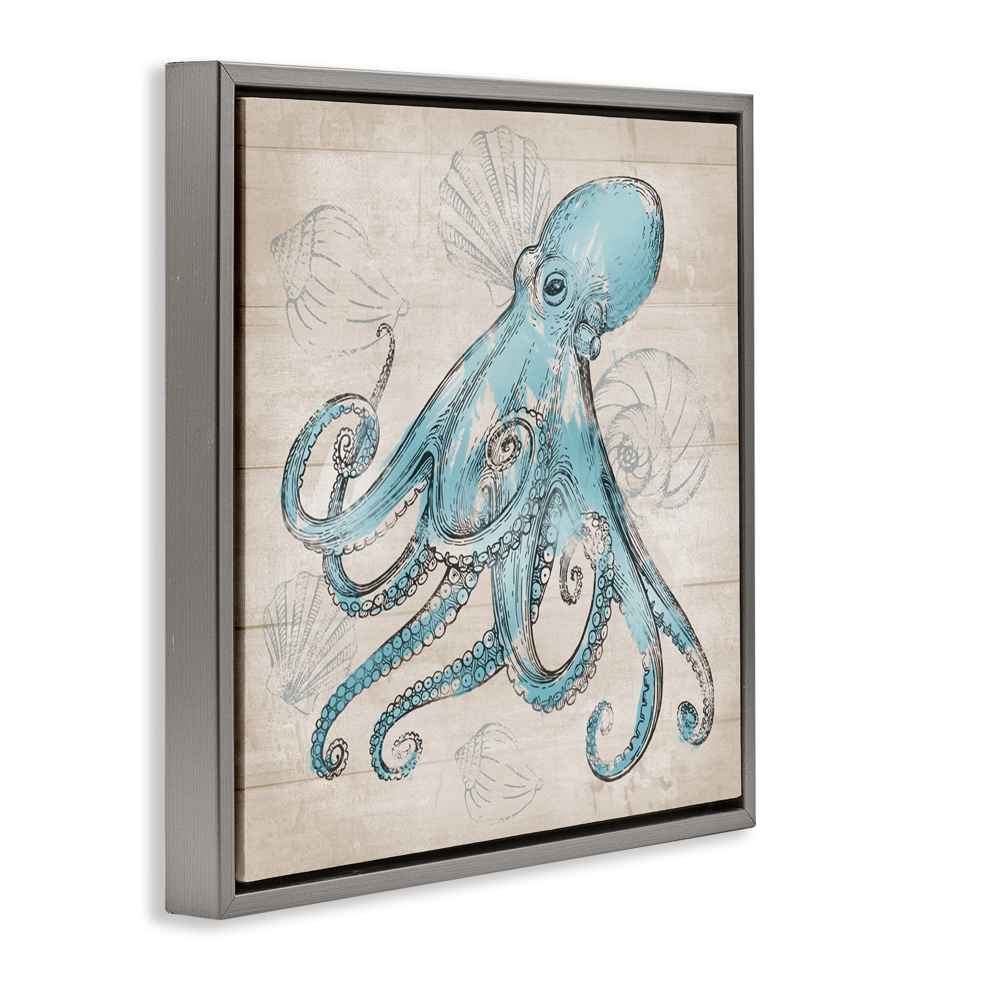 Stupell Industries Vintage Drawn Octopus Animals Painting Gray Floater Framed Canvas Art Print Wall Art, 18 x 18