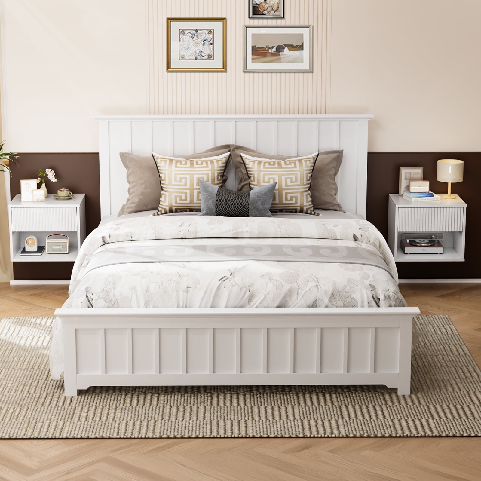 Zimtown Fluted Floating Nightstand Set of 1, End Table Wooden Bedside Table Large Capacity Easy to Assemble, White