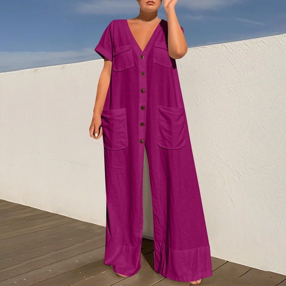 AUNVITO Women's Summer Wide Leg Jumpsuit with Pockets, Loose Fit Casual Overalls, Breathable Strap Pants for Daily Wear