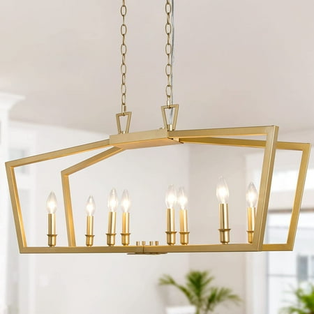 

MANXING Modern Gold Chandelier 8-Light Gold Kitchen Chandeliers for Dining Rooms 37’’ Large Rectangle Hanging Pendant Lighting for Kitchen Island & Living Room Soft Gold Finish