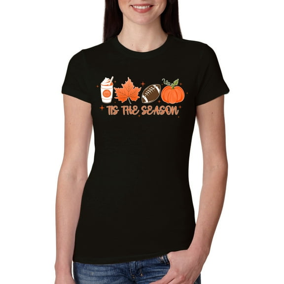Wild Bobby Tis' The Season Pumpkin Spice Leaves Football Pumpkins Stars Halloween Women Slim Fit Junior Tee, Black, Small