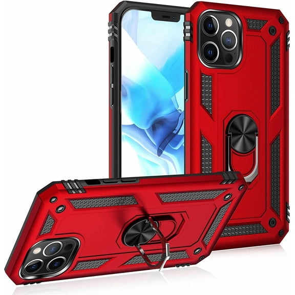 Military Grade Finger Loop Case with 360° Rotating Ring Holder Kickstand for iPhone 13 Pro - Red