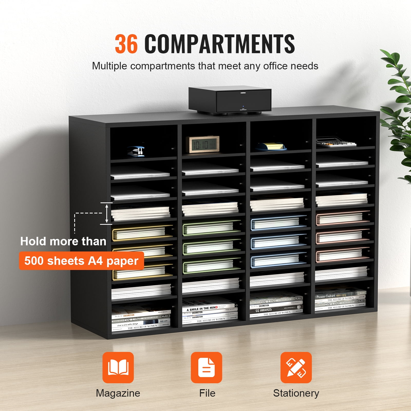 VEVOR Wood Literature Organizer Adjustable File Sorter 36 Compartments Countertop Literature Organizer Paper Storage Holder Black