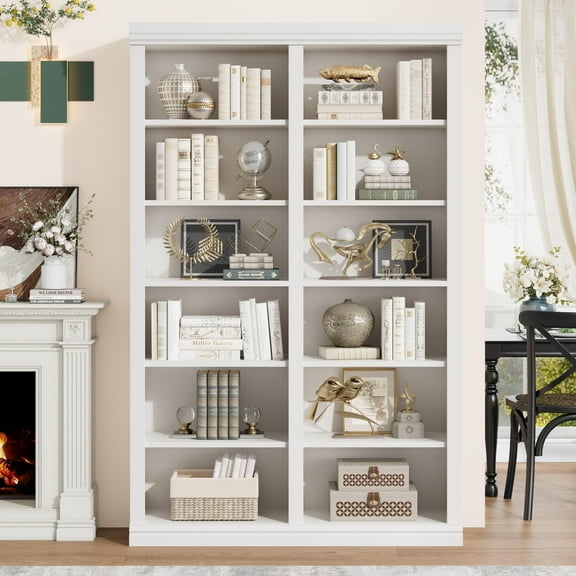 Studyset 74.5" Tall Bookshelf with Double Storage,6-Tier Wide Bookshelves w/ 12 Cubbies,Extra Large Bookshelf,Freestanding Display Storage Shelves,Wide Bookcases for Livingroom Office Library