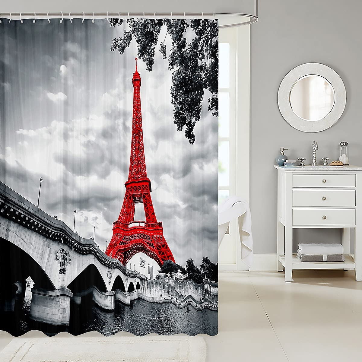 Eiffel Tower Shower Curtain Chic Paris Theme Bathroom Shower Curtain for Stalls Bathtubs Bright Red Paris Cityscape Bath Curtain Modern French Style Waterproof Curtain Room Decor 72Wx84L