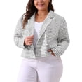 thumbnail image 4 of Agnes Orinda Plus Size Plaid Tweed Blazers for Women Notched Lapel Elegant Office Crop Jacket 1X White, 4 of 5
