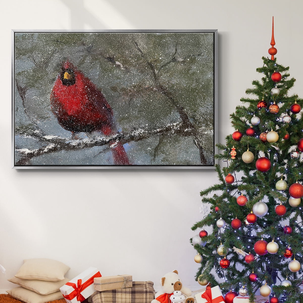 Cardinal in Snow I - Framed Gallery Wrapped Holiday Canvas - 17 x 25 - Silver Frame