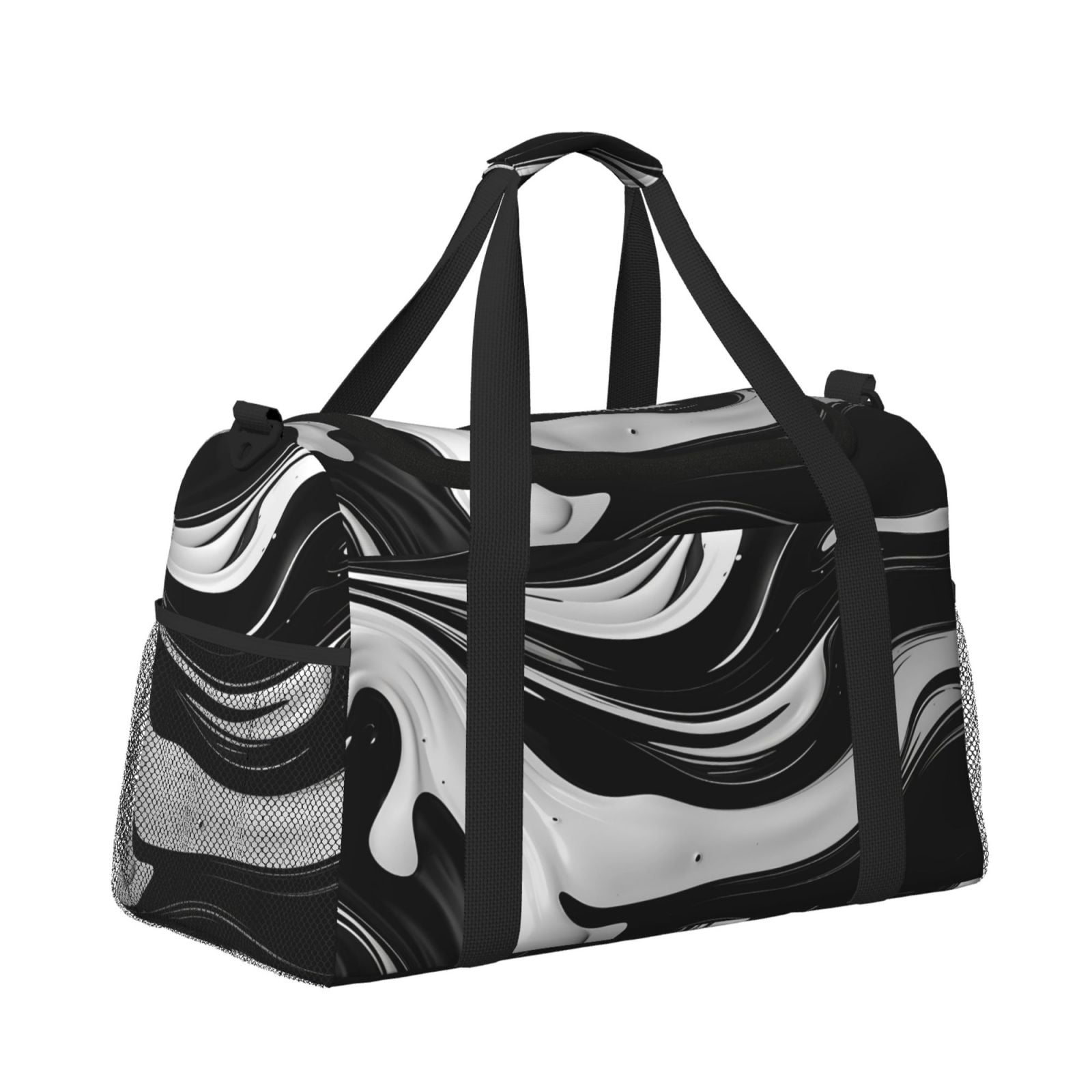 Kuqiui Abstract Black White Swirls Print Foldable Travel Duffel Bag Tote Carry on Luggage Bag Personal item Sports Gym Bag Water Resistant Weekender Overnight Bags for Women and Men
