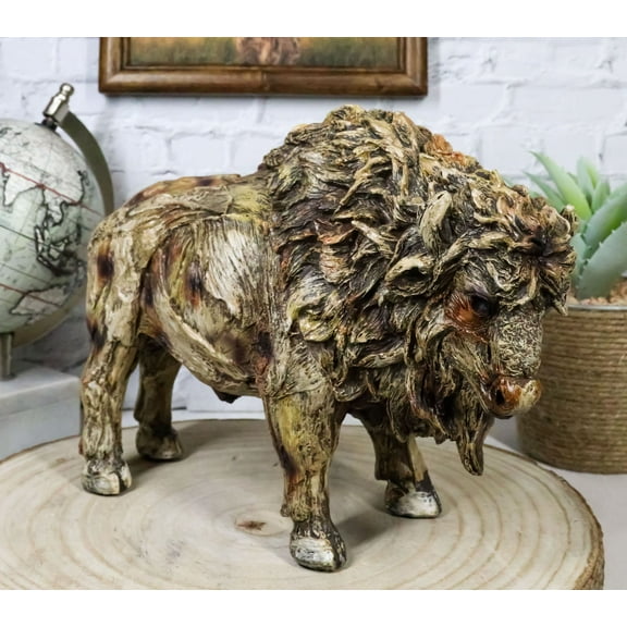 Grassland Plains Wild Bison Buffalo Faux Wooden Resin Sculpture