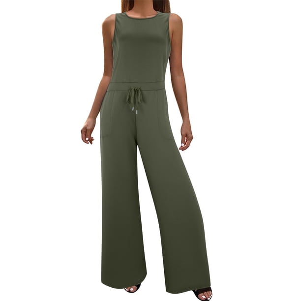 Gibobby Monos de Moda Mujer Soid Summer Button Lace Up Manga corta Light Rip Straight Mono Chaleco Pantalones largos(Verde, S)