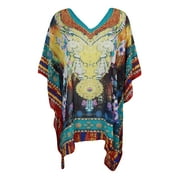 Mogul Womens Short Caftan Dress Vibrant Shades Digital Print V-Neck Sexy Bikini Beach Cover Up