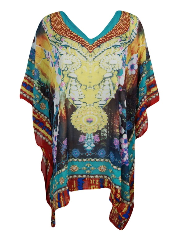 Mogul Womens Short Caftan Dress Vibrant Shades Digital Print V-Neck Sexy Bikini Beach Cover Up