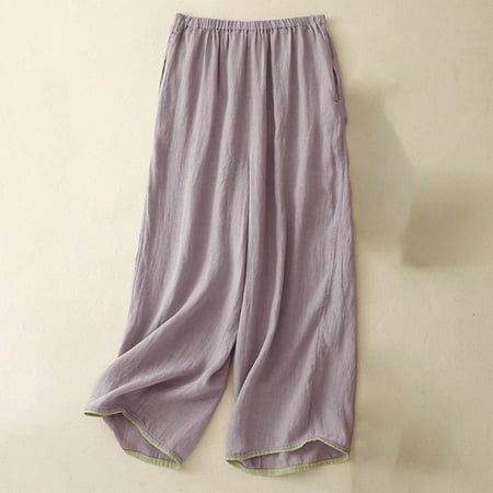 Sevevn Women Cotton Linen Casual Solid Color Elastic Waist Pockets Loose Trousers Comfortable Ninth Pants Purple XXL Early Access Deals