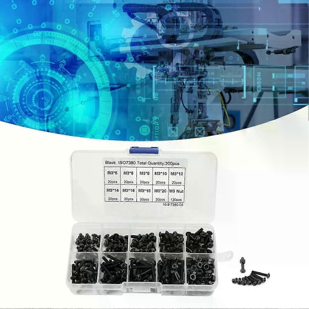 Kit surtido de 300 tornillos, pernos y tuercas hexagonales de cabeza abombada, grado 109, color negro, M3.