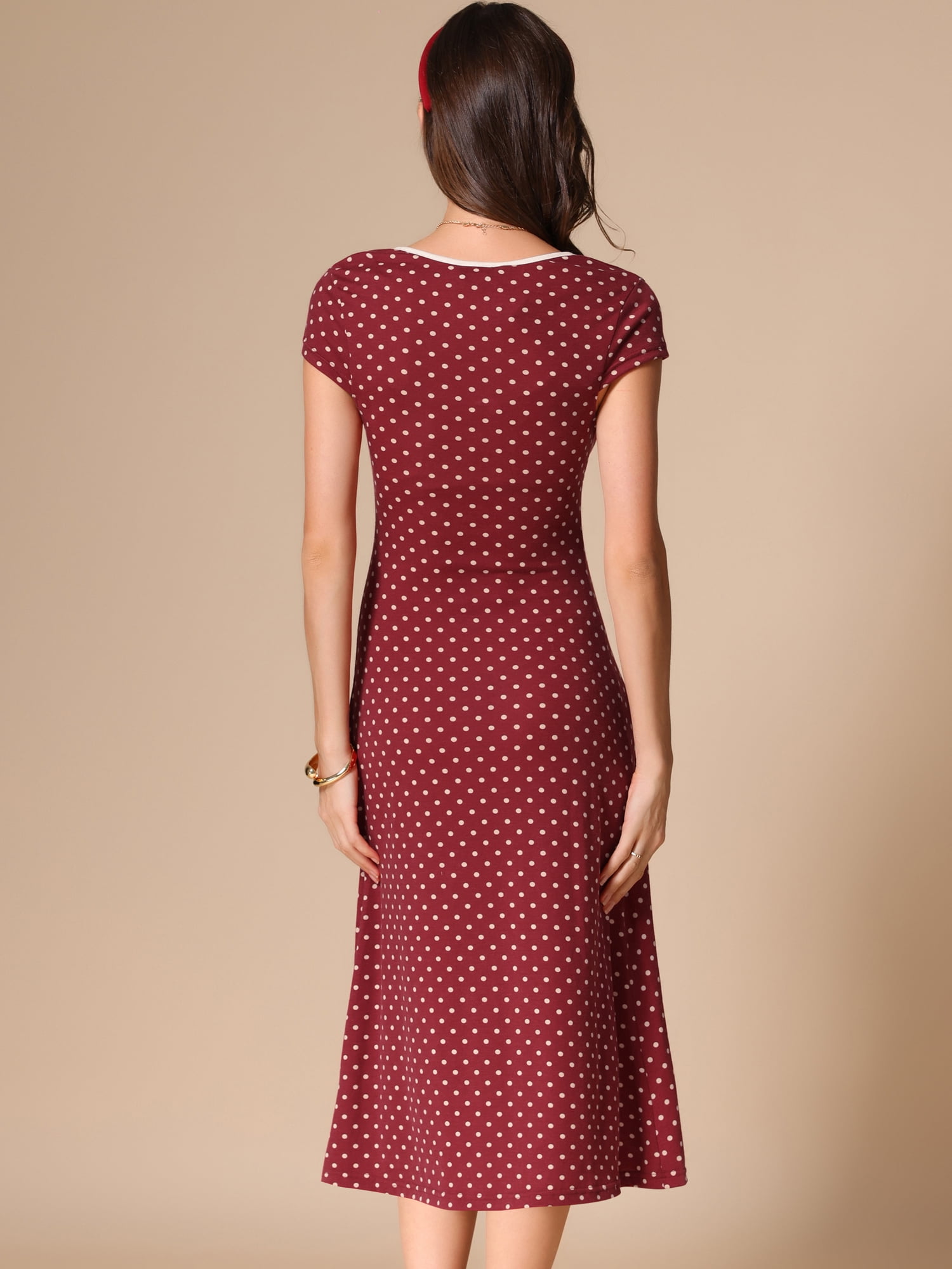 DARING DIVA Vintage Retro Classic Cap Sleeve Midi Polka Dot Dress XL Wine Red