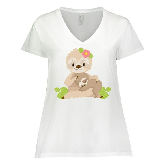 Inktastic Sloth Mom with Baby Sloth and Flowers Women's Plus Size V-Neck T-Shirt