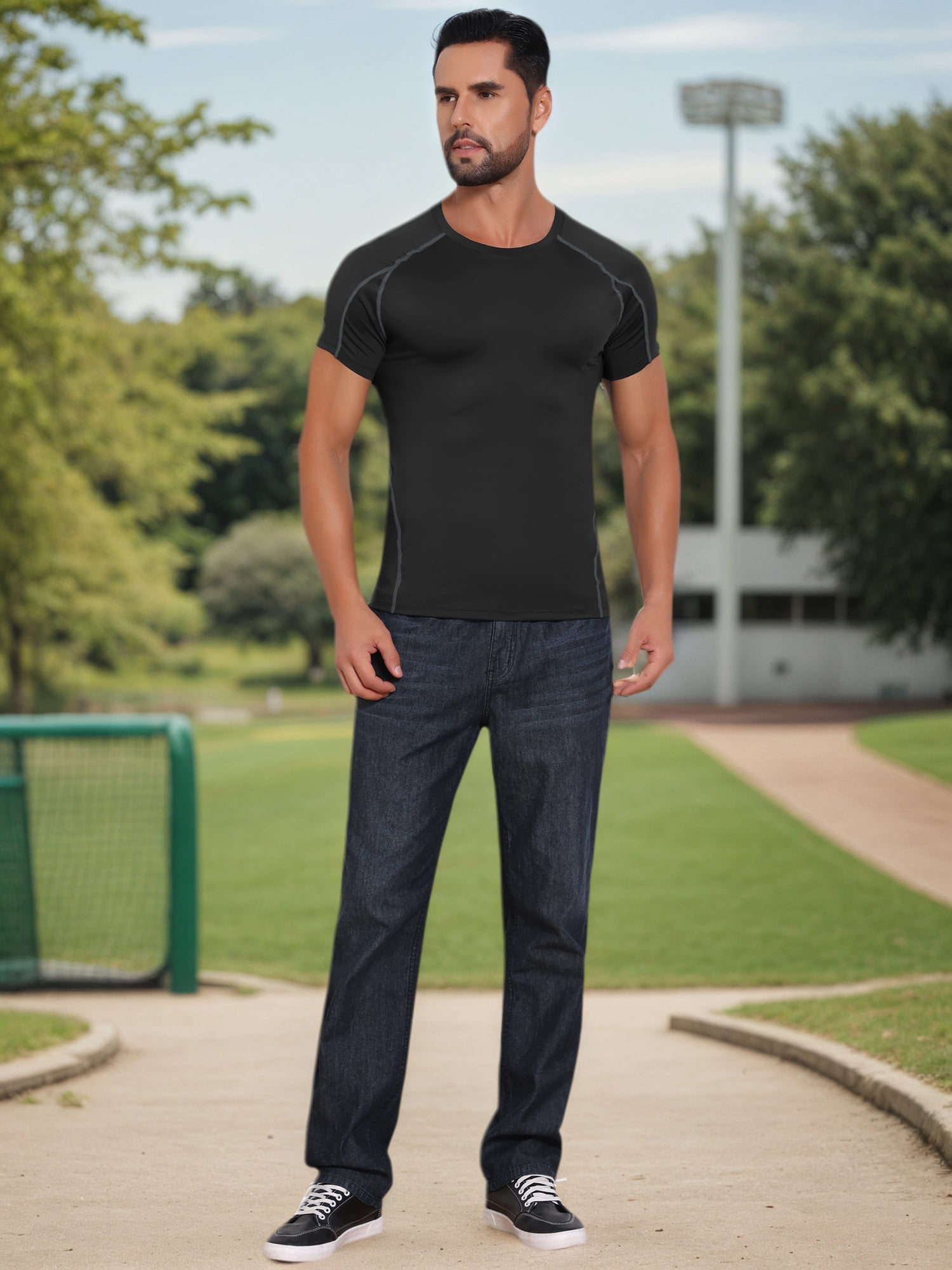 DARING DIVA Men's Workout Stretch Crew Neck Short Sleeve T-Shirt L Black