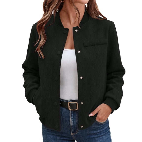 JGGSPWM Bomber Jacket for Women Casual Button Down Lightweight Fall Fashion Solid Long Sleeve Stand Collar Baseball Jacket with Pockets Black M