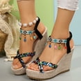 thumbnail image 2 of Women's Bohemian Wedge High Heel Dress Sandals Ethnic Boho Tassel Platform Chunky Slingback Beach Shoes, 2 of 6