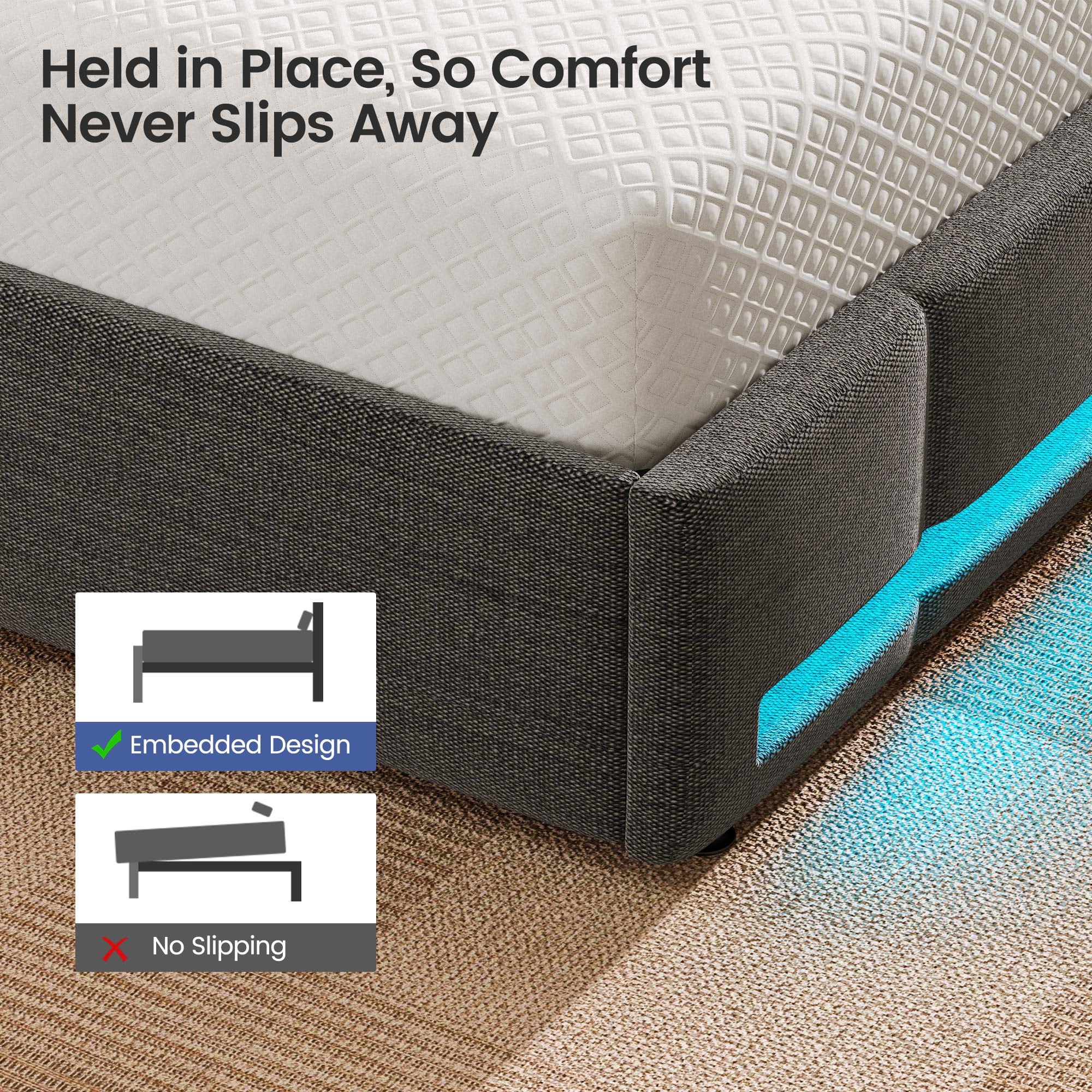 Greenstell Twin LED Storage Bed Frame - Charging Station, App Control, 900LBS Capacity, Dark Gray