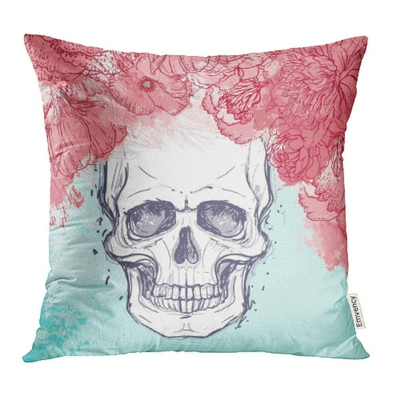 EREHome Anatomy Human Skull with Peony Rose and Poppy Flowers on Watercolor Tattoo Design Pillow Case Pillow Cover 20x20 inch Throw Pillow Covers