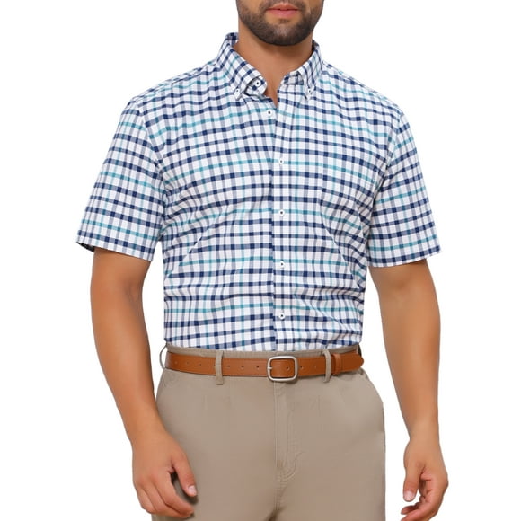 INSPIRE CHIC Men's Shirts Point Collar Short Sleeve Plaid Button Business Dress Shirt S White Navy