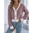 thumbnail image 5 of Womens Long Sleeve Striped Cardigan Sweaters Striped Cropped Button Fall Trendy Open Front Knit Sweater Coats Wine Red L, 5 of 8