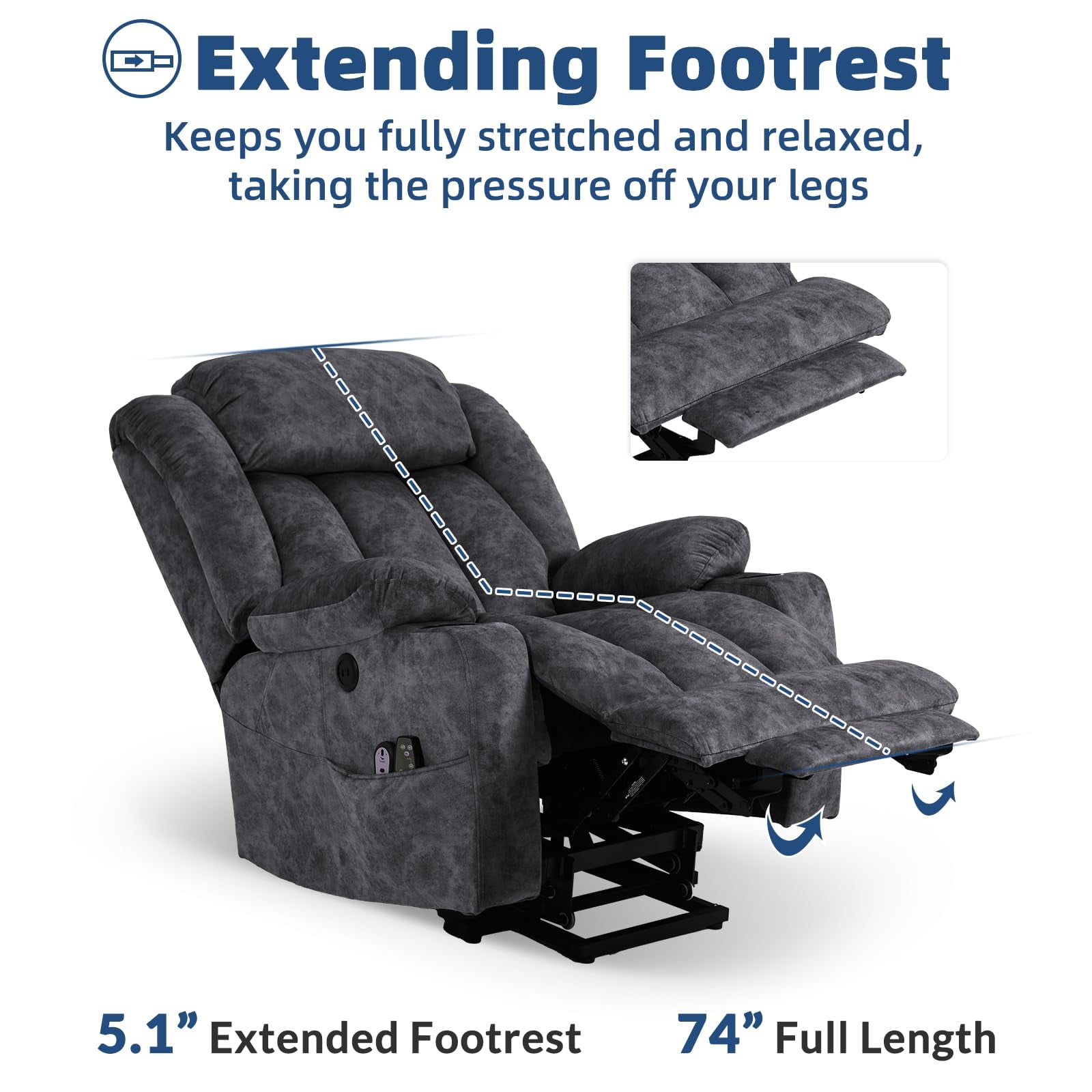 SOCIALCOMFY Large Electric Power Lift Recliner Chair with Extended Footrest for Elderly Big Man, Overstuffed Wide Massage Lounge Chairs with Heat, 2 Cup Holders, Side Pockets & USB Ports, Fabric Gray