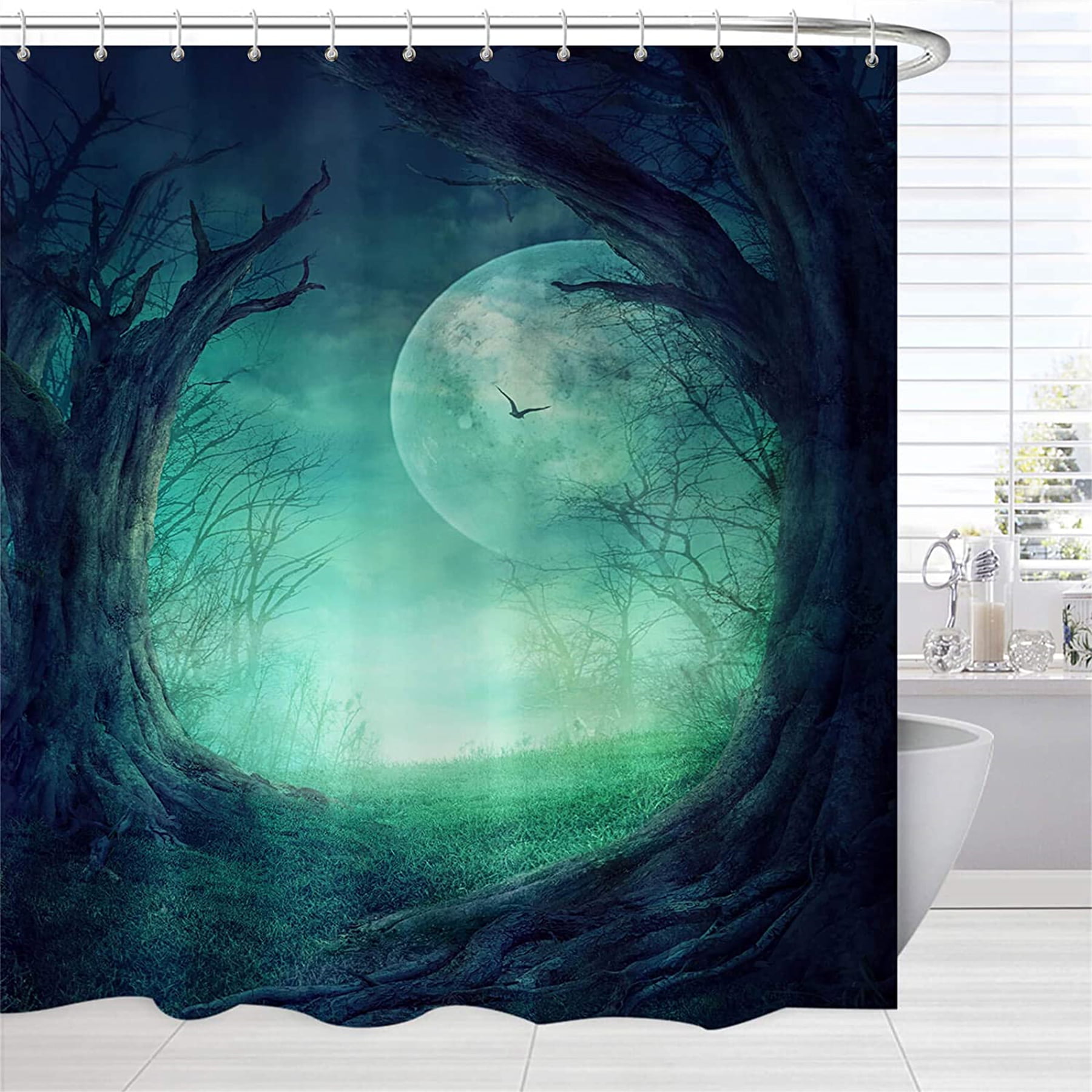 Green Forest Shower Curtains for Bathroom, Fairy Mystical Full Moon Trees  Enchanted Nature Scenic Bathroom Curtain, Dark Green Fabric Bathroom Decor  Set with Hooks 