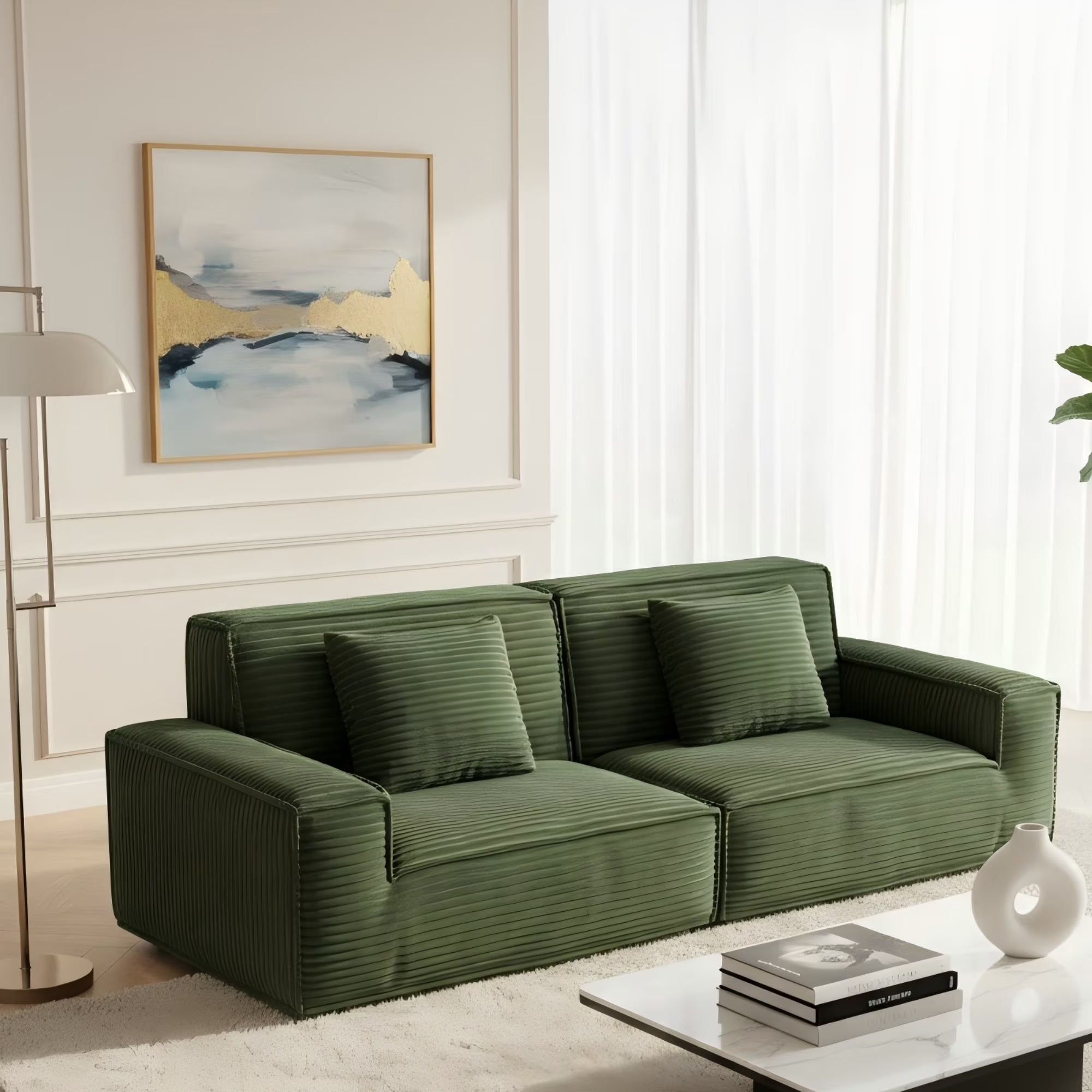 Gewnee 106.3 Inch Large Striped Fabric Compression Sectional Sofa, Modern Comfortable Home Style for Living Room, Bedroom
