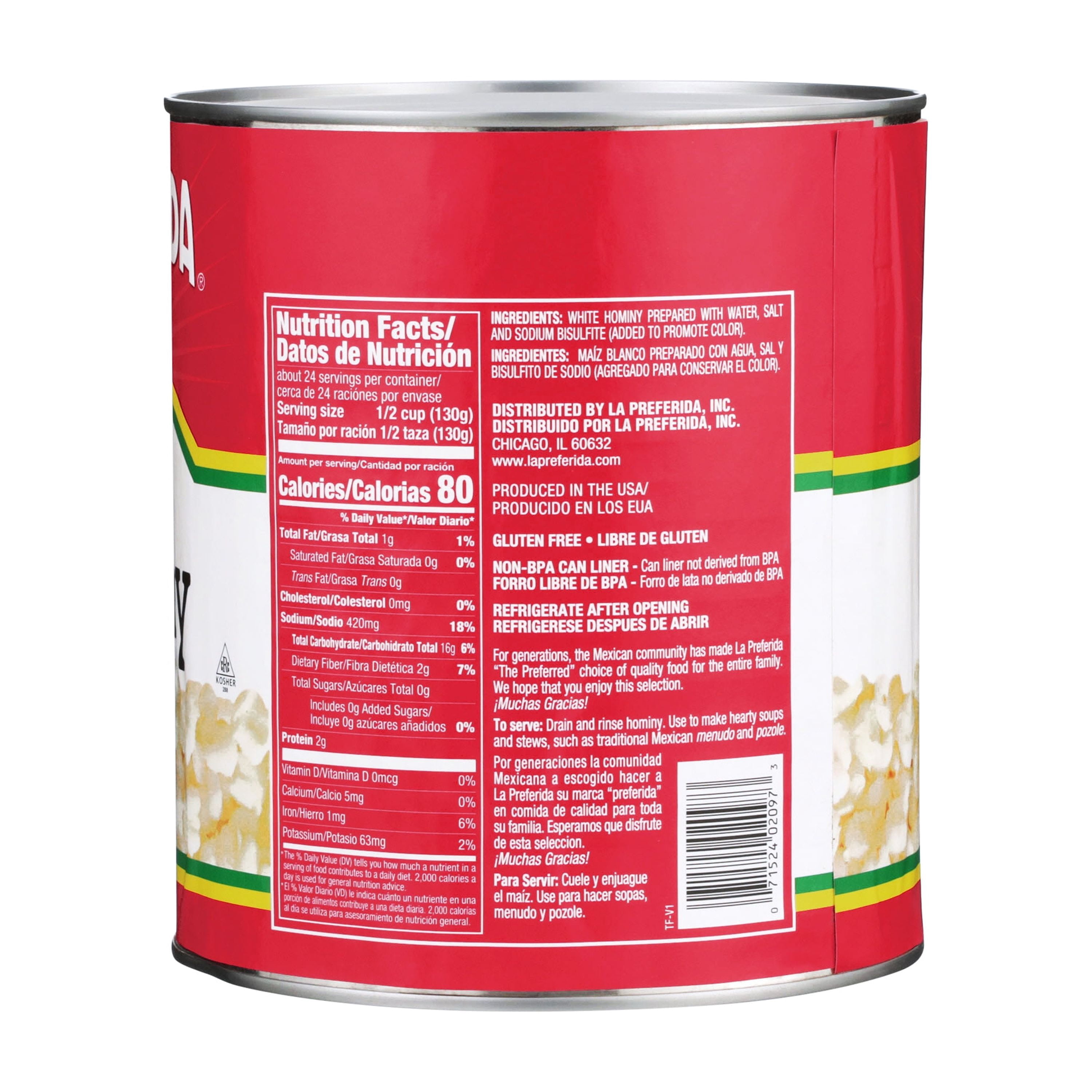 La Preferida White Hominy, 6 lb 12 oz, Can
